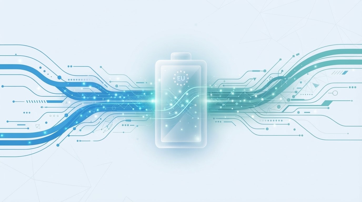 A translucent battery icon marked with the EU flag's ring of stars sits at the center, with blue and teal circuit-board style lines flowing into it from both sides against a light blue background, symbolizing data flowing into the EU digital battery passport.